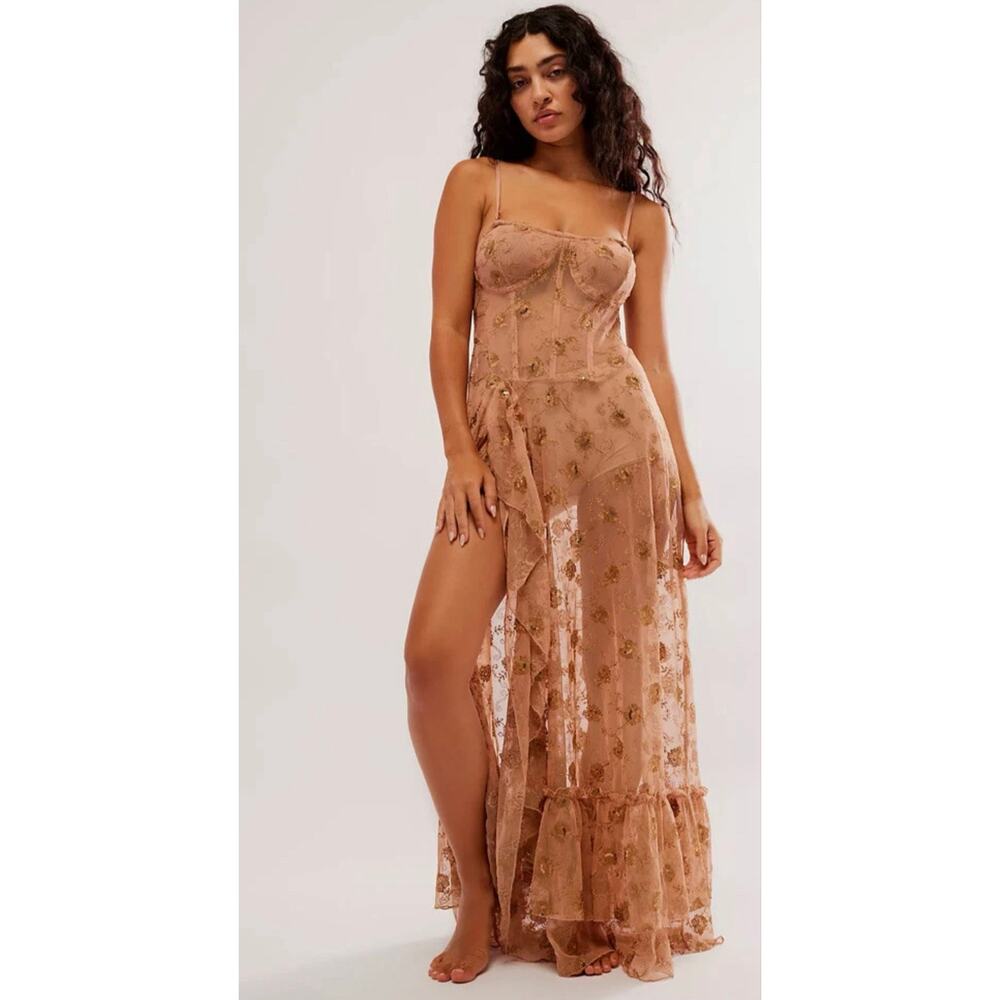 Free People Want To Know You Lace Embroidered Sheer Maxi Dress Size L Large